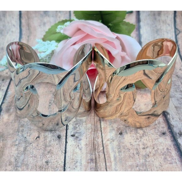 Set of 2 Statement Metal Cuff Bracelets 1 Silver Tone & 1 Gold Tone Link Look - Picture 2 of 11